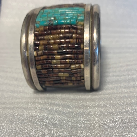 Vintage Navajo Heishi Shell Turquoise Cuff Bracelet - Picture 2 of 8